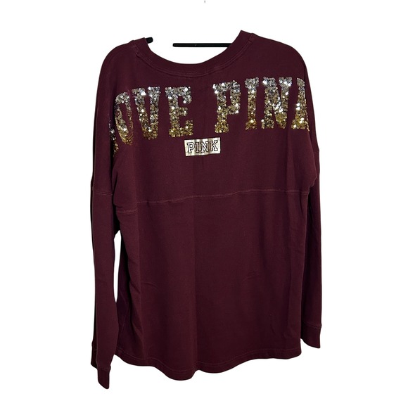 PINK Victoria's Secret Tops - Victoria's Secret PINK Burgundy Sequin Logo Spirit Jersey Sweatshirt Women's M